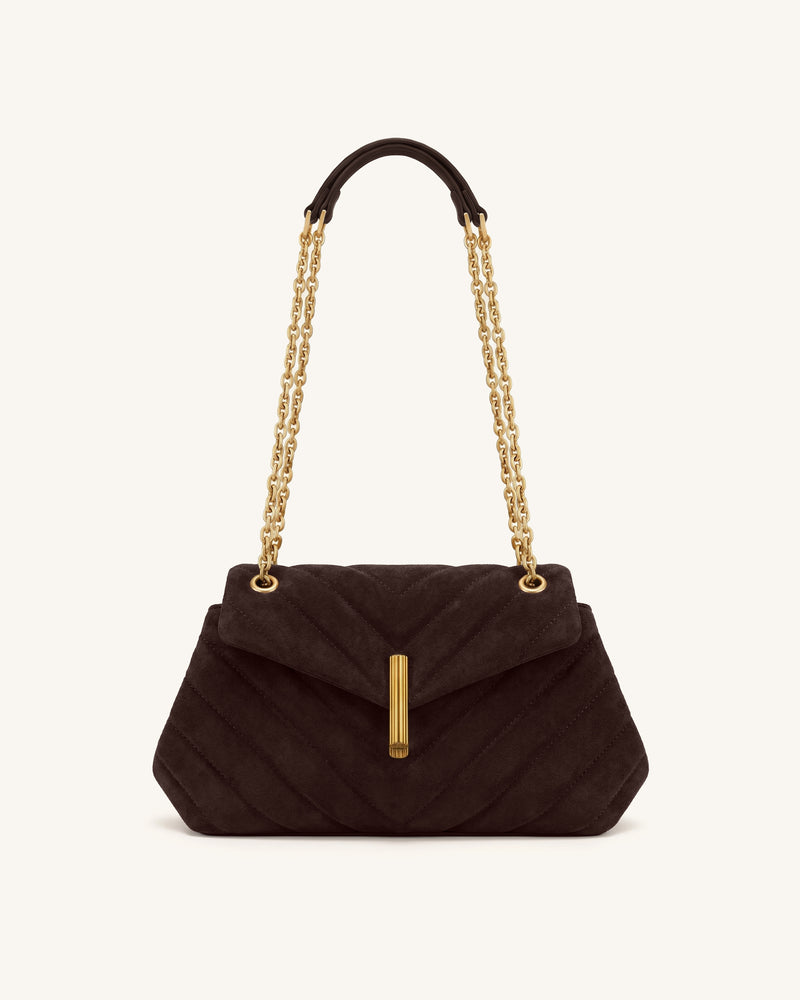 Valerie Faux Suede Quilted Chain Flap Shoulder Bag - Dark Brown