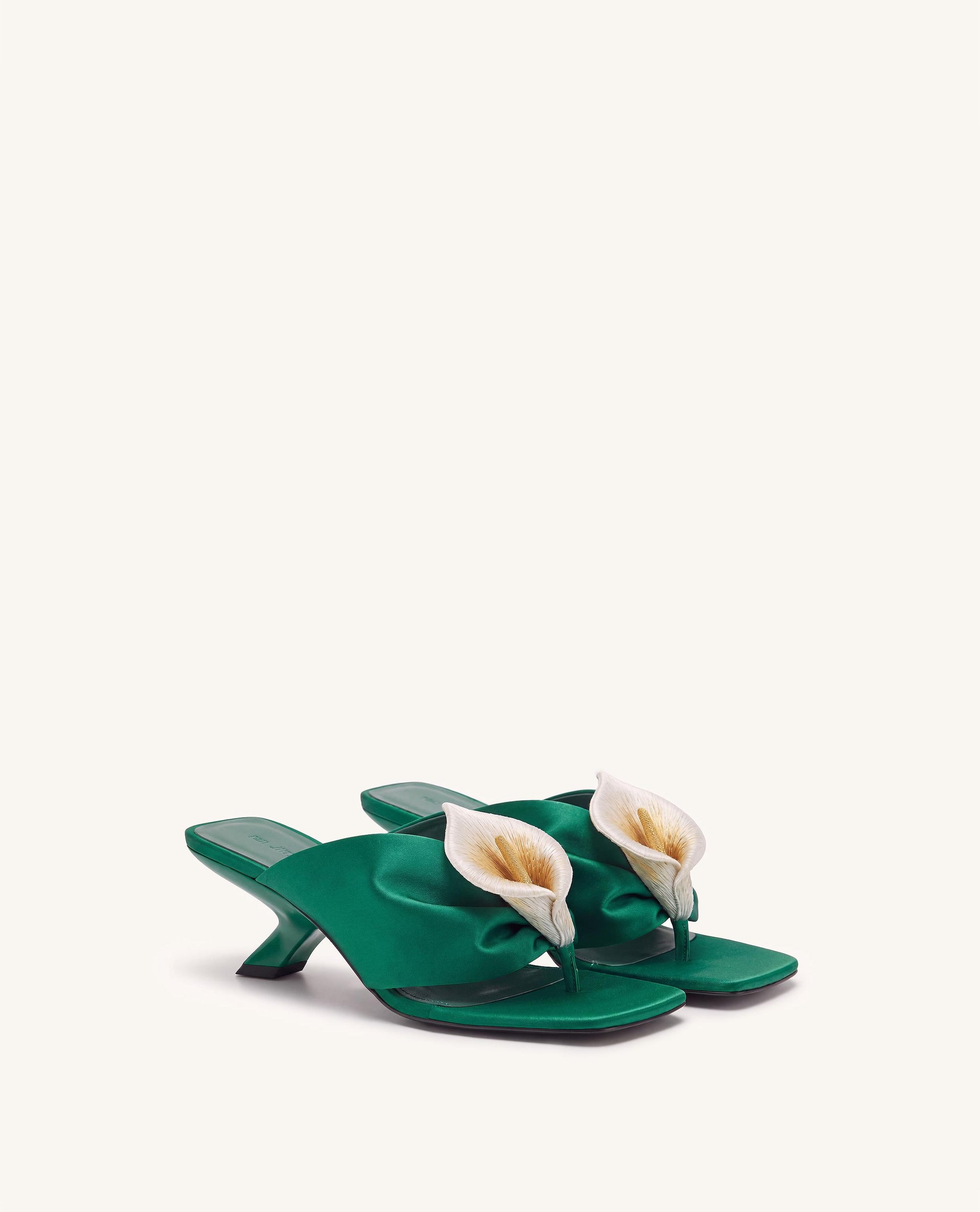 Bianca Calla Lily Ruched Toe-Post Heeled Sandals - Emerald Green