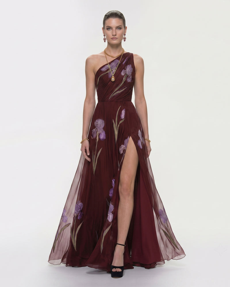 Floral One Shoulder Maxi Dress - Maroon