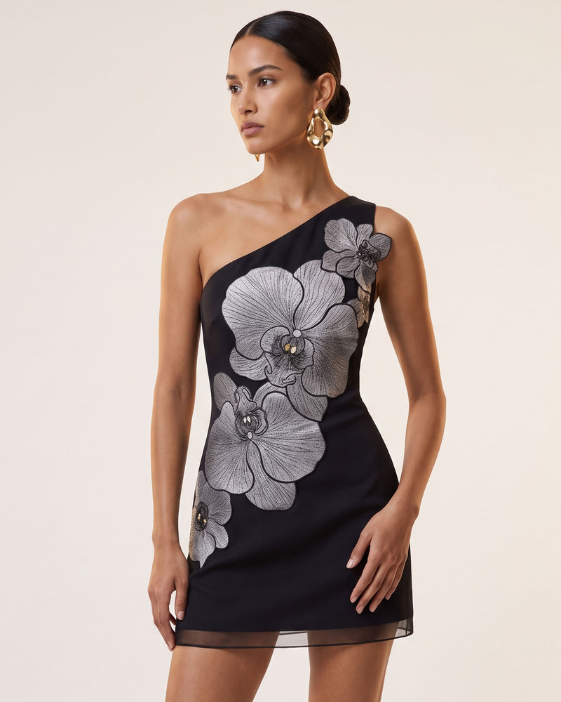 Orchid Embroidered One-Shoulder Fitted Mini Dress - Black