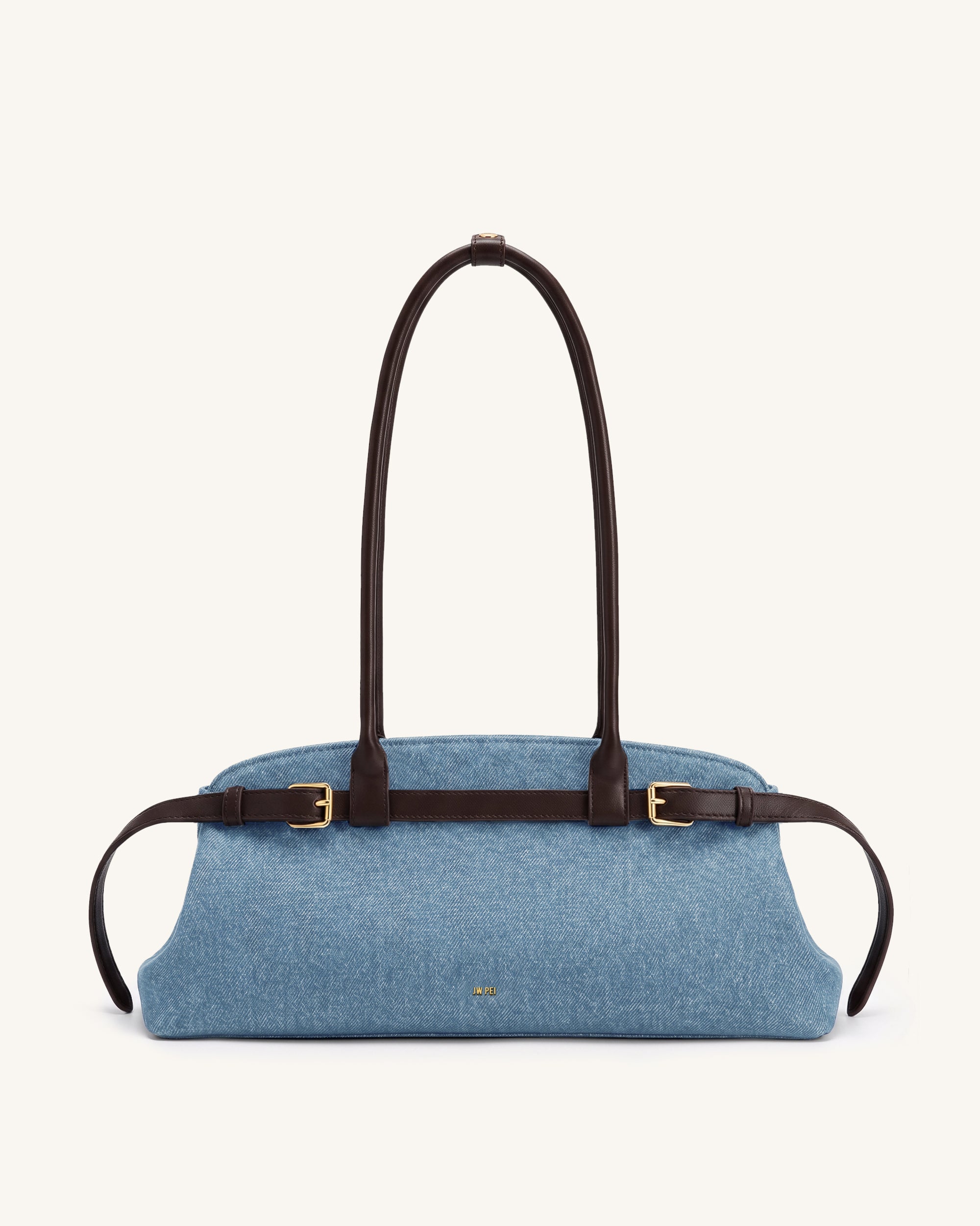 Arden Belt Detail East-West Shoulder Bag - Light Blue Denim