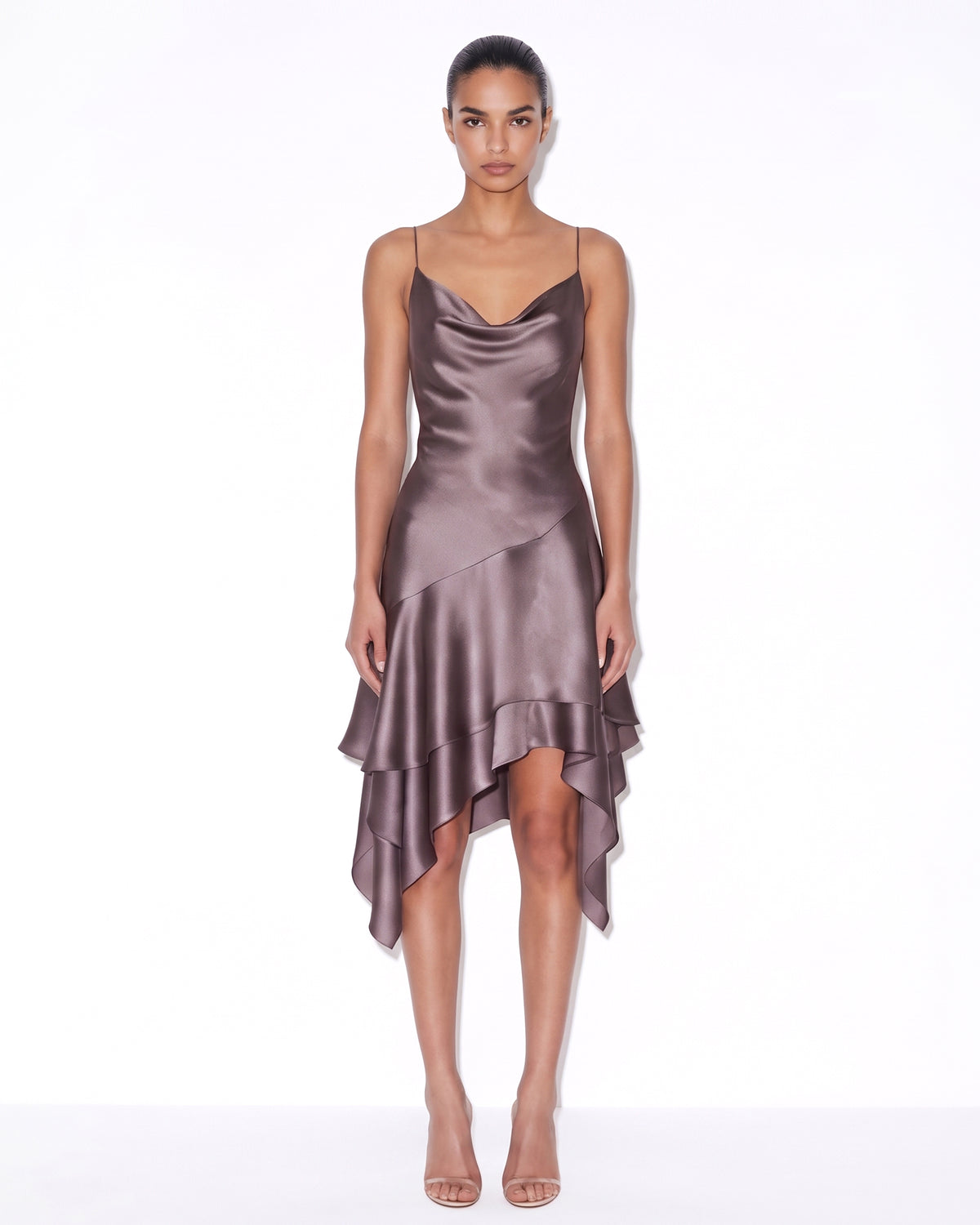 Satin Cowl-Neck Asymmetric Ruffle Midi Dress - Mauve