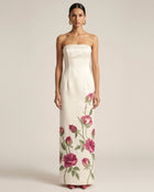 Rose Embroidered Strapless Long Dress - Pure White