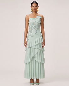 Orchid Embroidered Ruffled One-Shoulder Maxi Dress - Mint Green