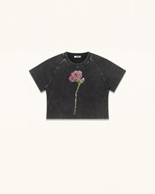 Rhinestone Rose Distressed Raglan Cropped Tee - Faded Obsidian