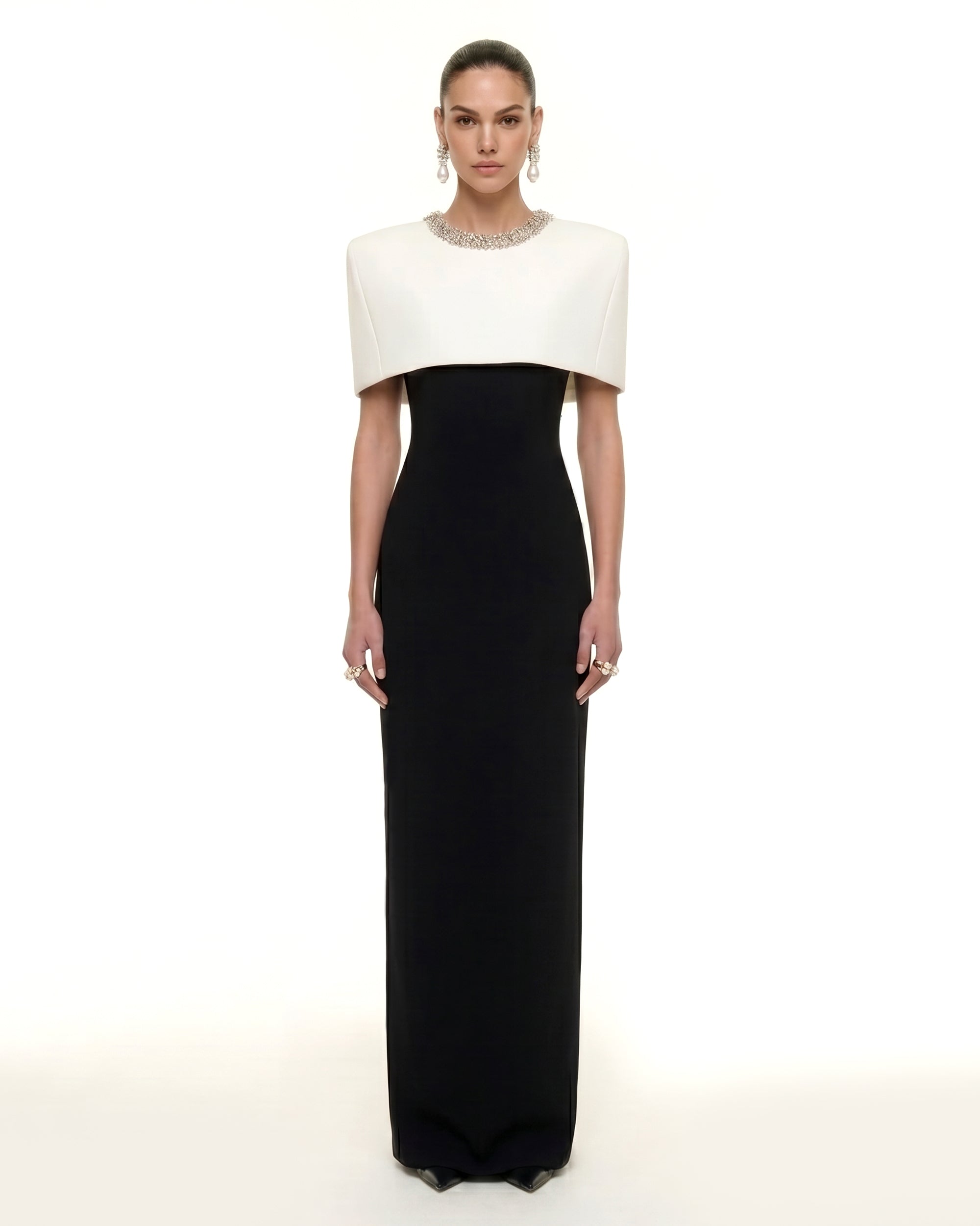 Crystal-Trim Capelet Maxi Dress - Black & Ivory