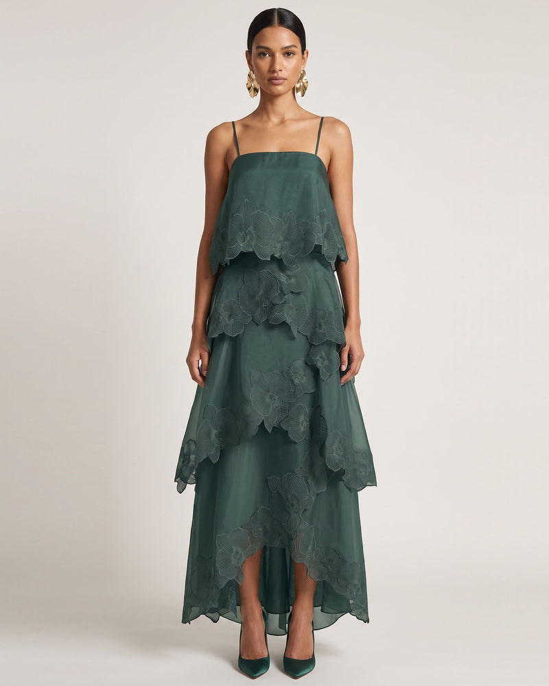 Orchid Embroidered Layered Maxi Dress - Dark Green