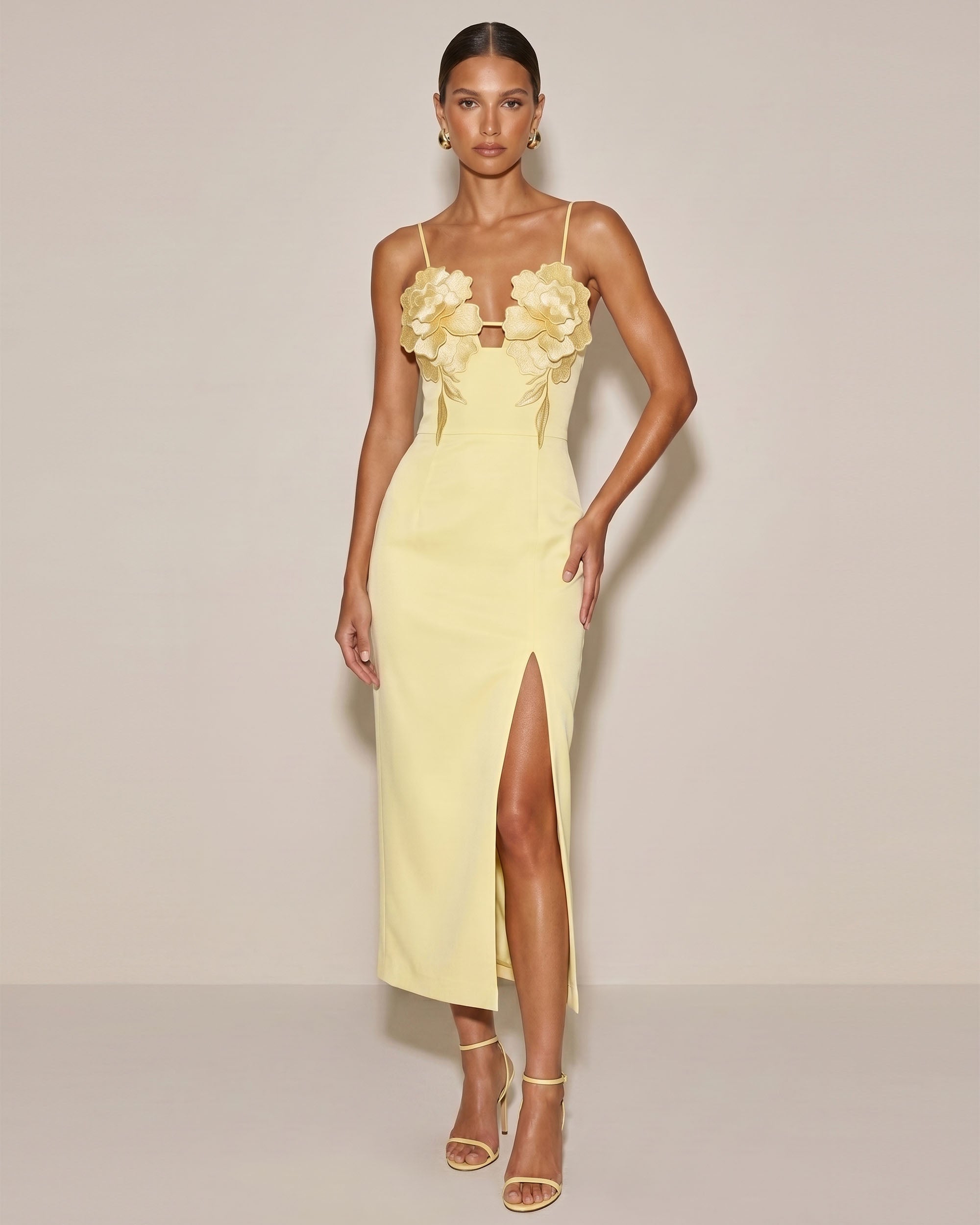 3D Floral Slit Maxi Dress - Butter Yellow