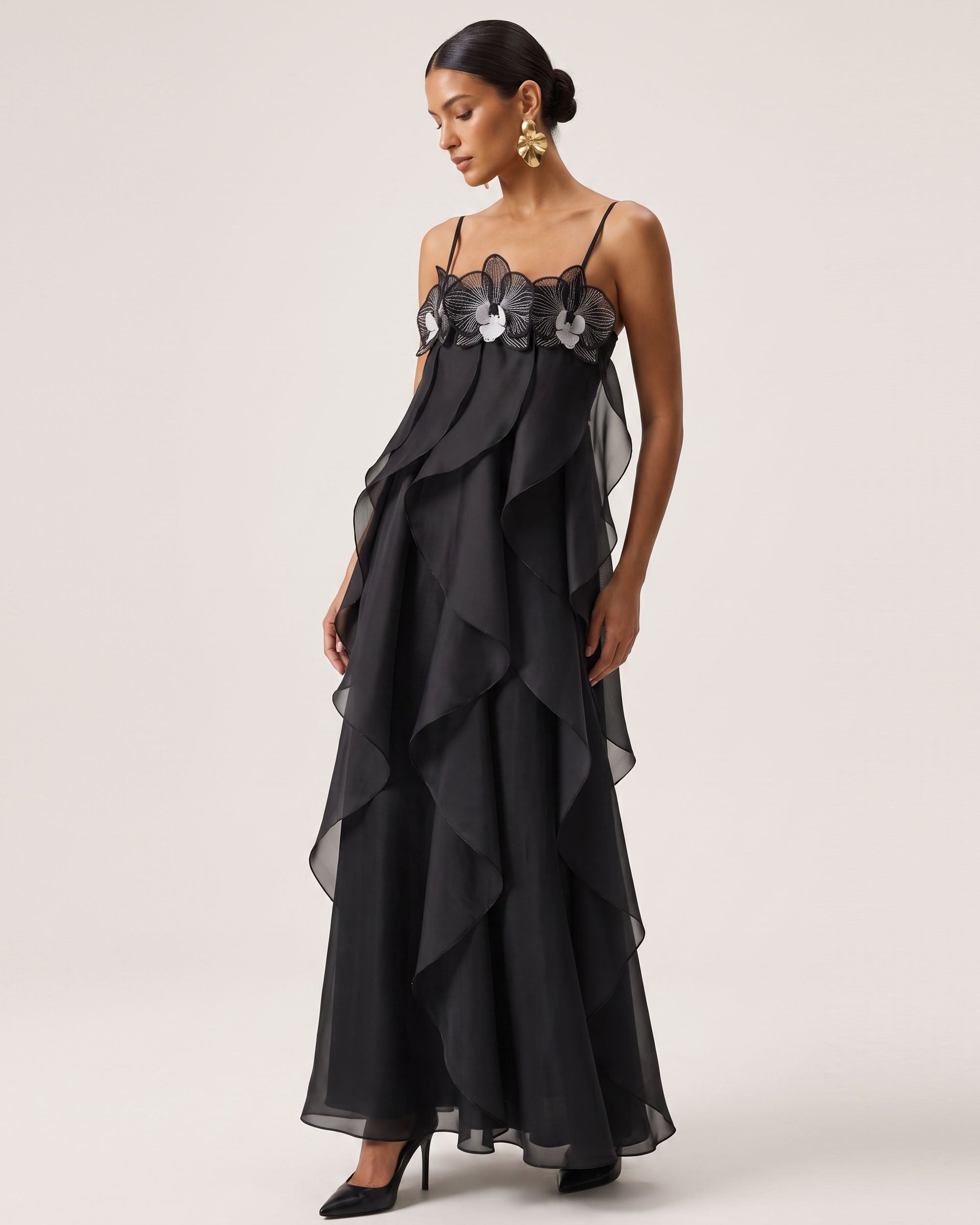 Orchid Embroidered Organza Maxi Dress - Black | JW PEI