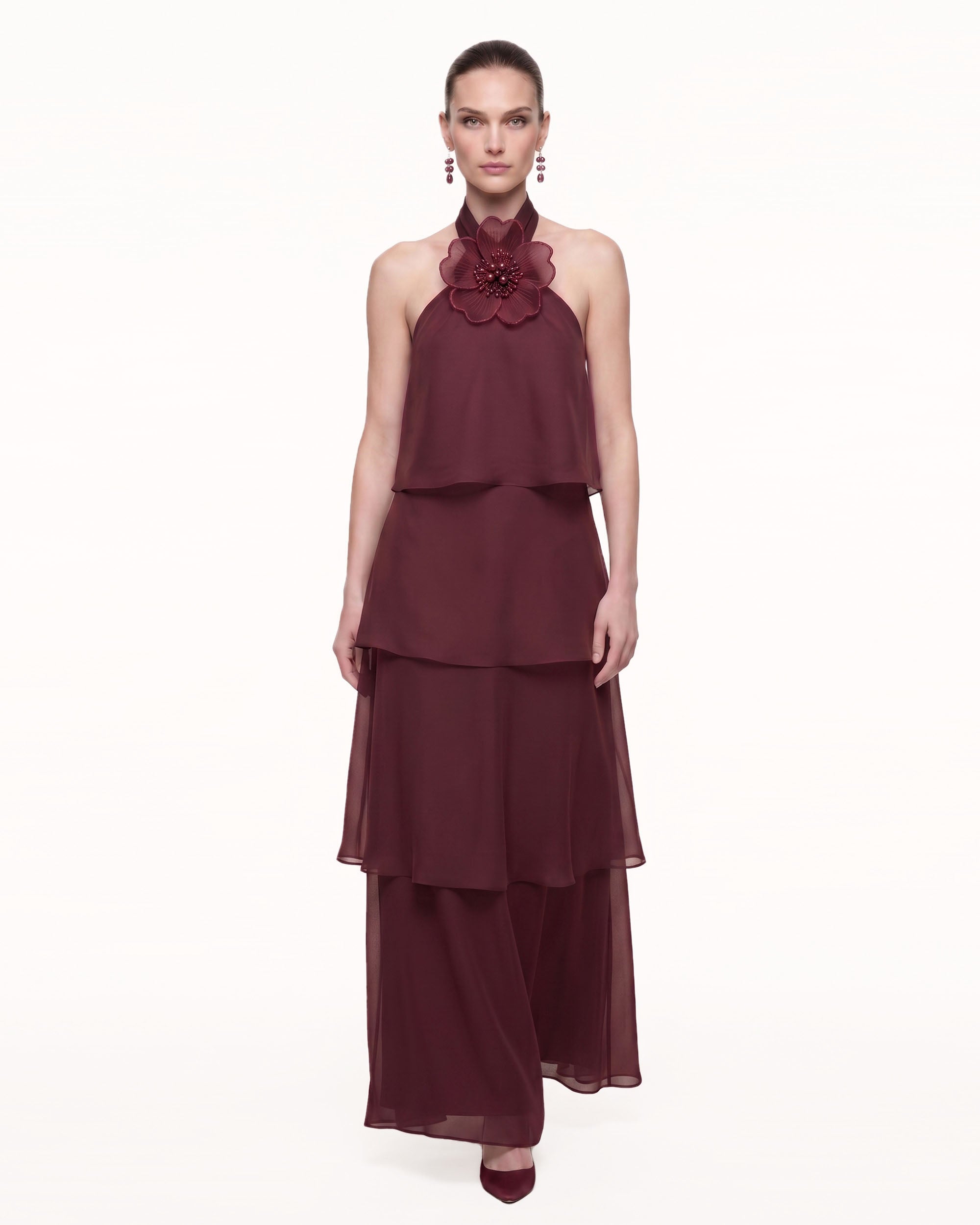 3D Floral Halter Tiered Maxi Dress - Burgundy