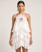 Orchid Embroidered Tiered Halter Mini Dress - White