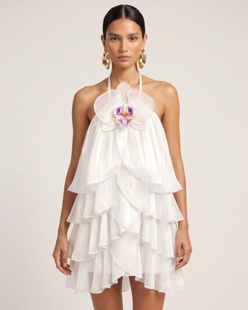 Orchid Embroidered Tiered Halter Mini Dress - White