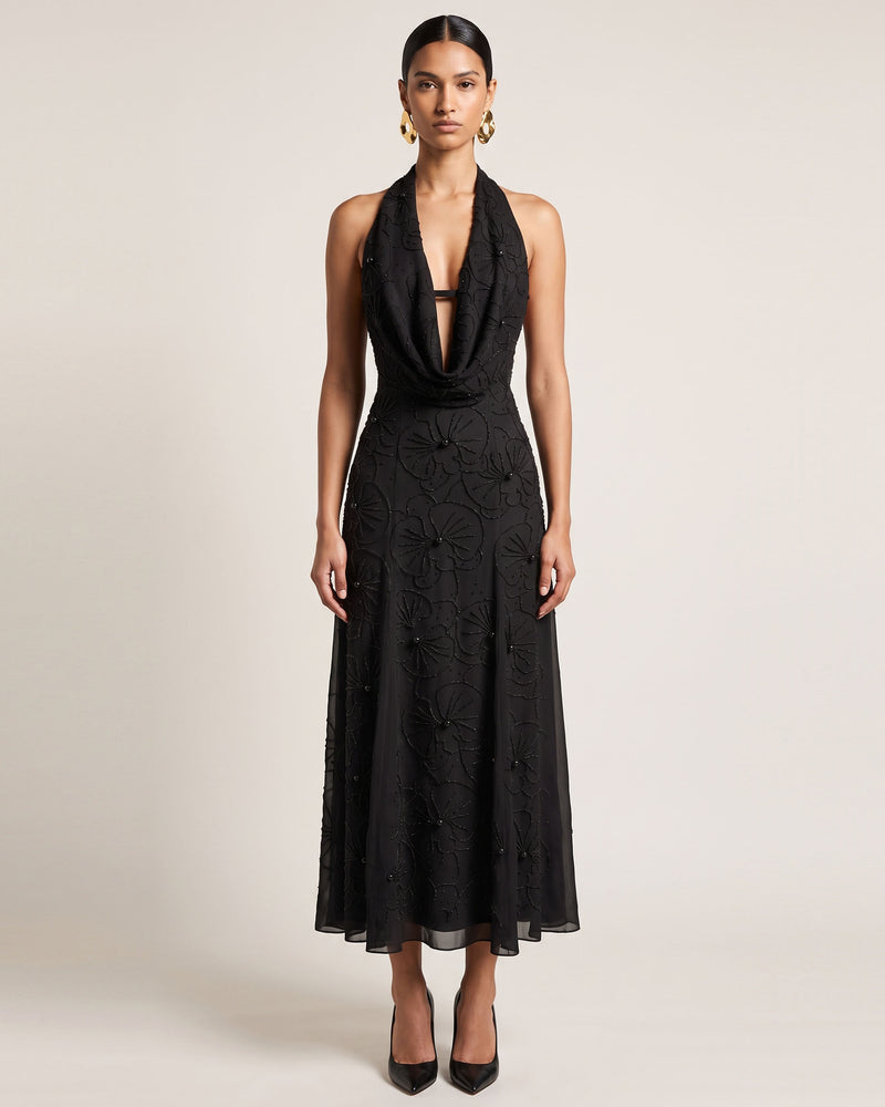 Orchid Beaded Embroidered A-Line Halter Maxi Dress - Black
