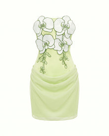 3D Floral Strapless Draped Ruched Mini Dress - Light Green