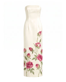 Rose Embroidered Strapless Long Dress - Pure White
