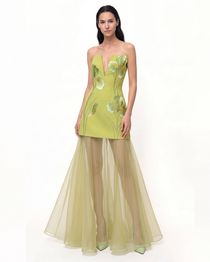Iris Embroidered Plunge Sheer Overlay Maxi Dress - Lime Green