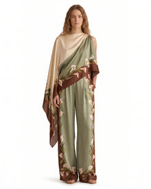 Calla Lily Printed Asymmetric Draped Satin Top - Olive Green