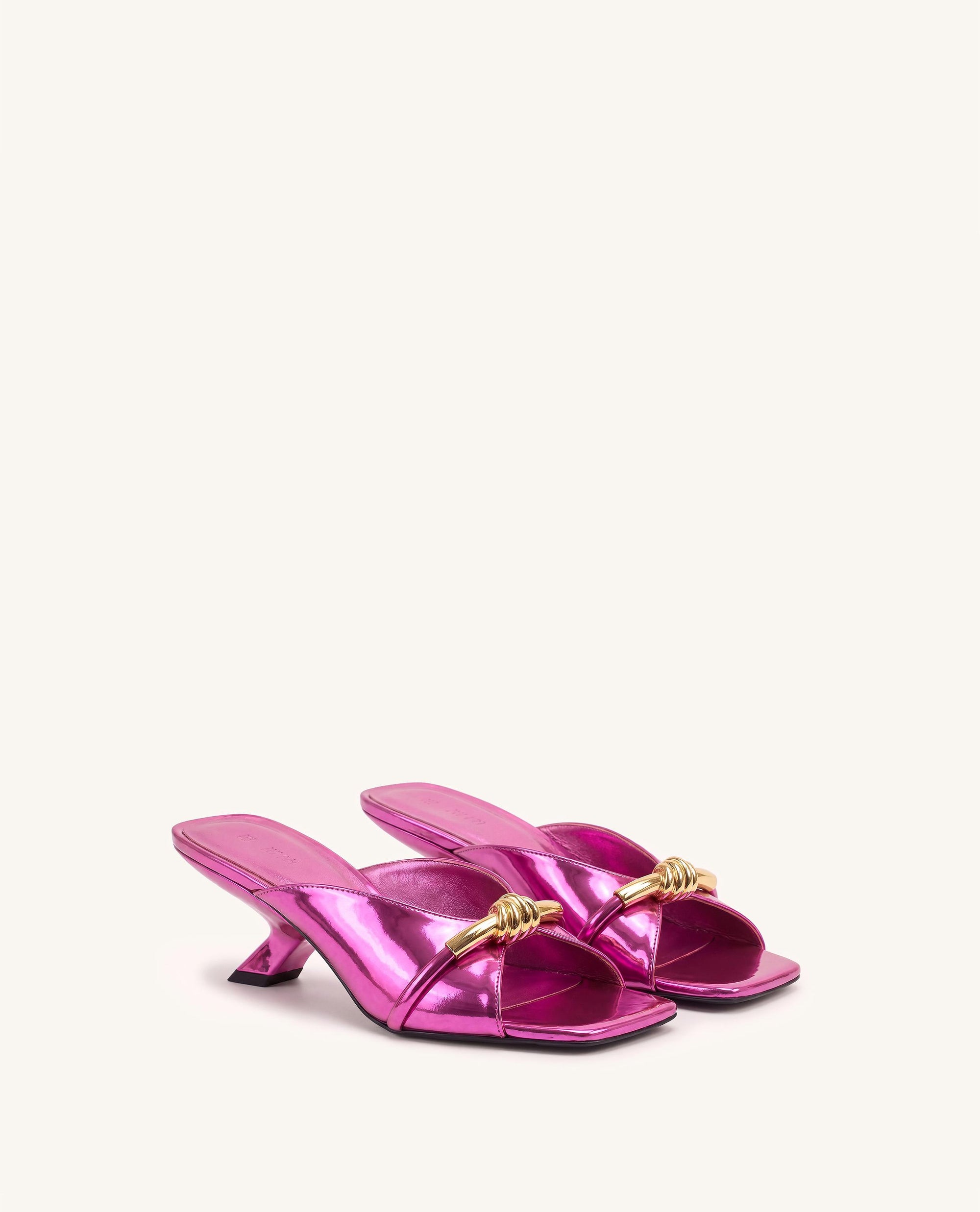 Lena Metal Rope Knot Metallic Cross-Strap Heeled Sandals - Fuchsia