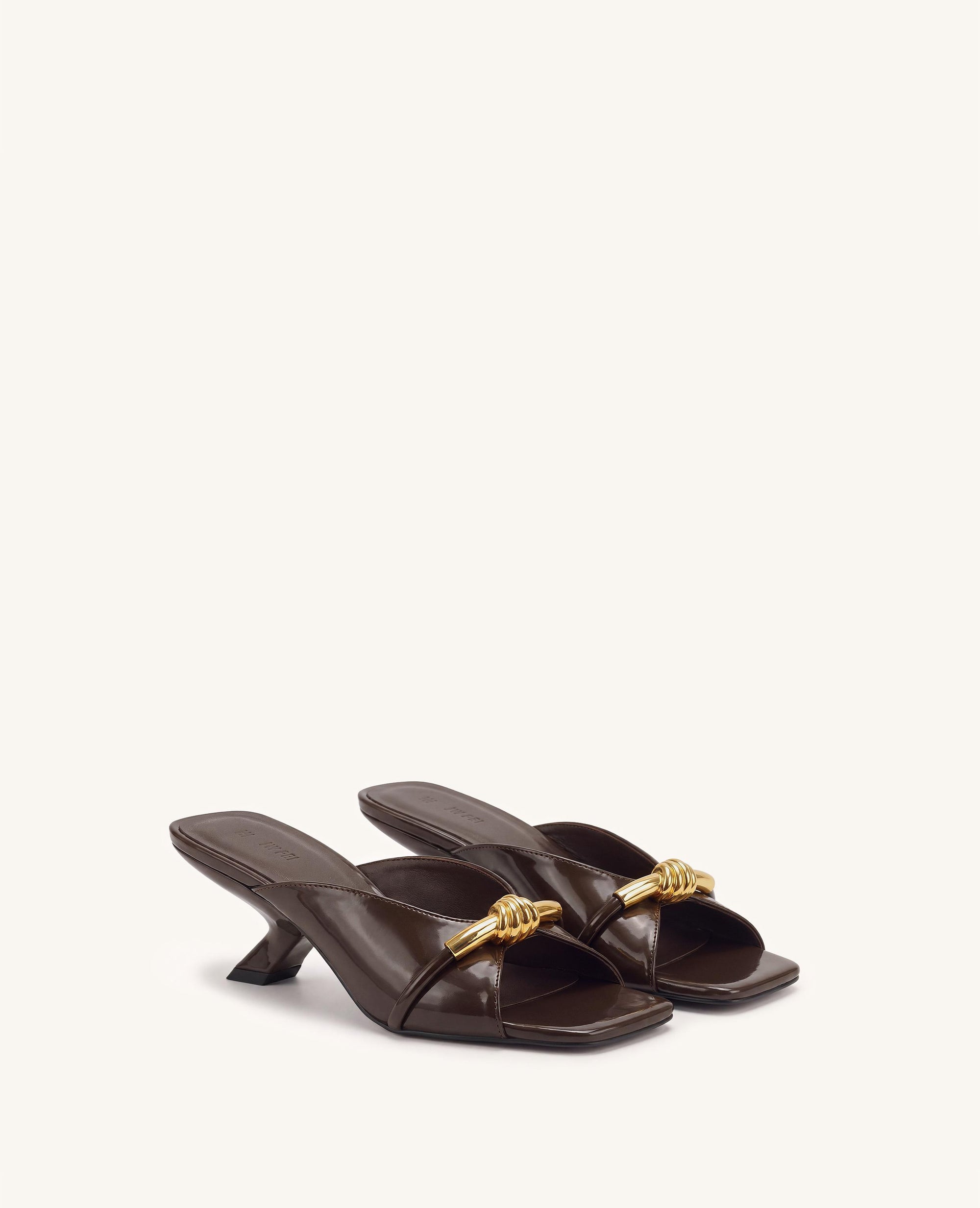 Lena Metal Rope Knot Patent Cross-Strap Heeled Sandals - Dark Brown