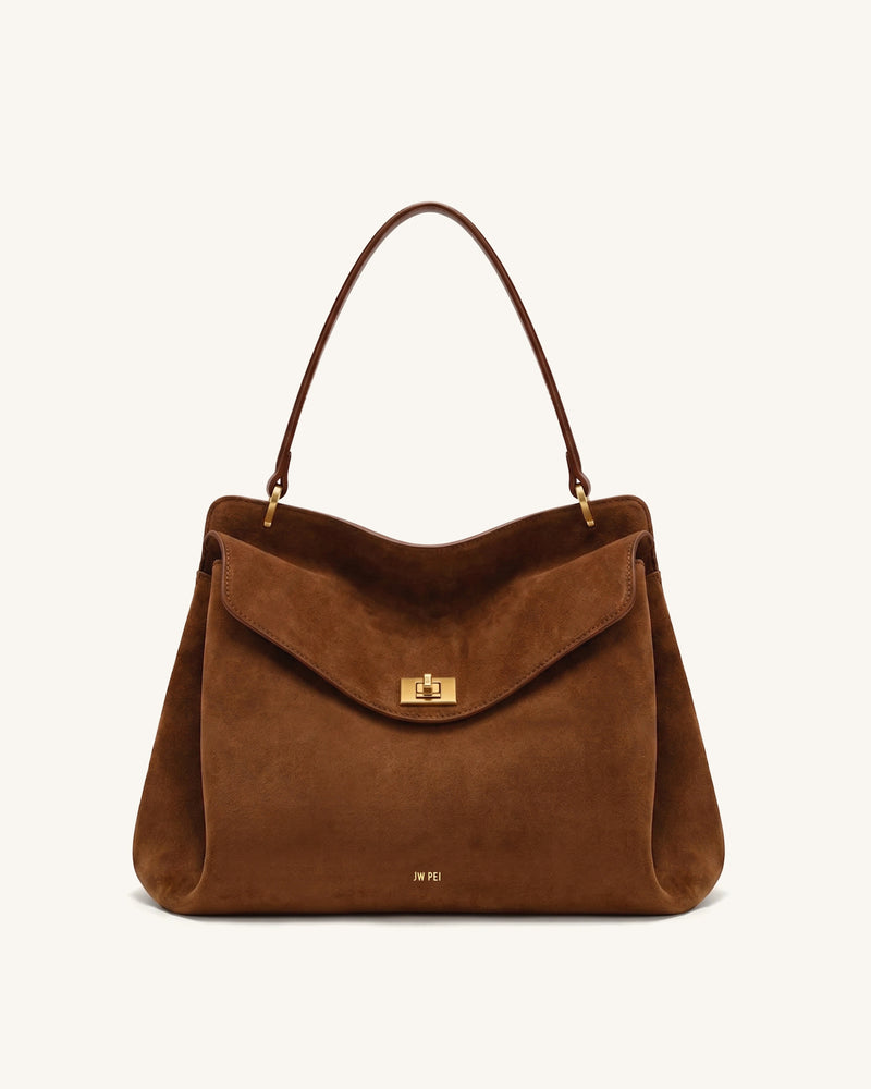 Lucia Turn-Lock Faux Suede Shoulder Bag - Caramel Brown