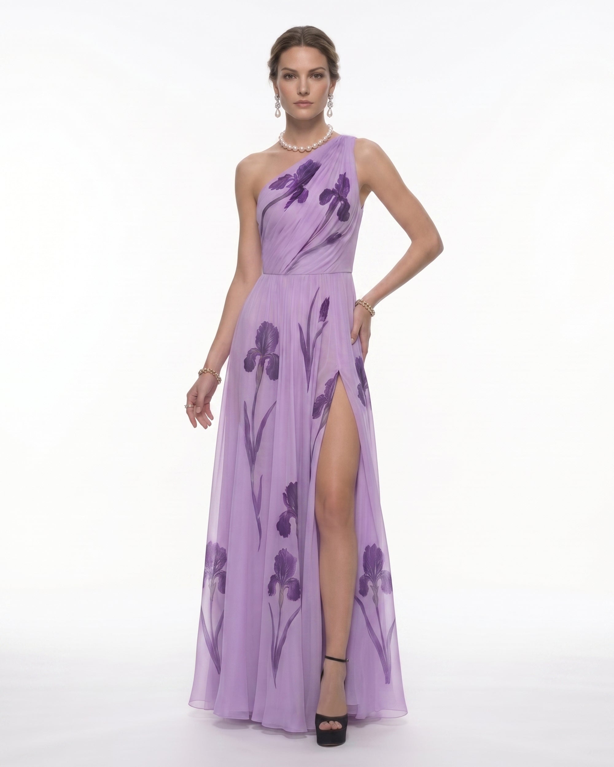 Floral One Shoulder Maxi Dress - Misty Lavender