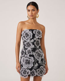 Floral Embroidered Strapless Mini Dress - Black