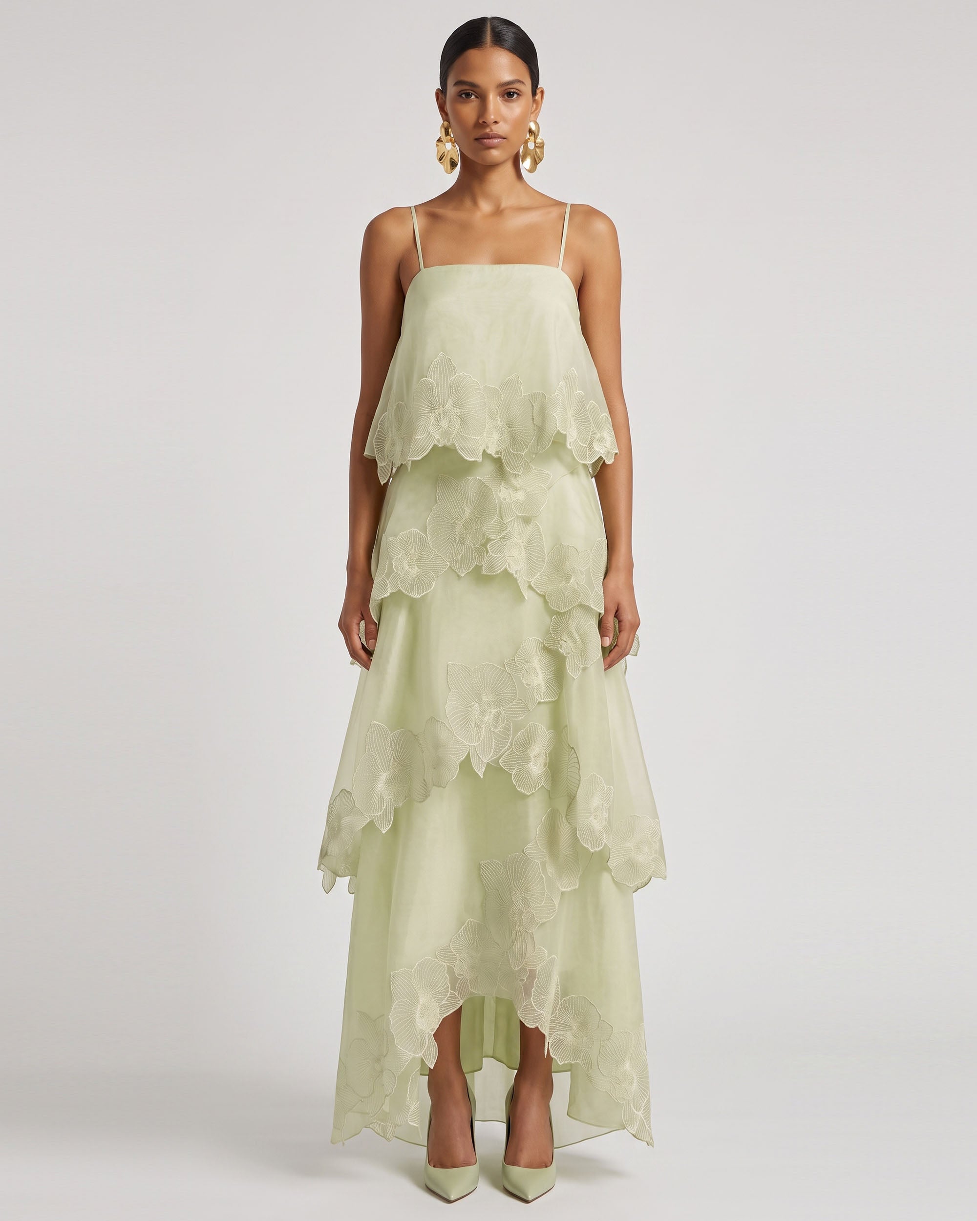 Orchid Embroidered Layered Maxi Dress - Light Green