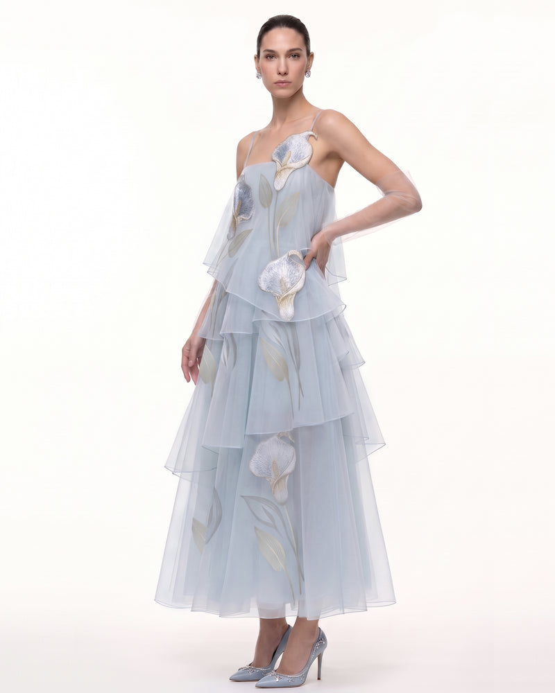 3D Embroidered Calla Lily Tiered Tulle Dress - Light Blue
