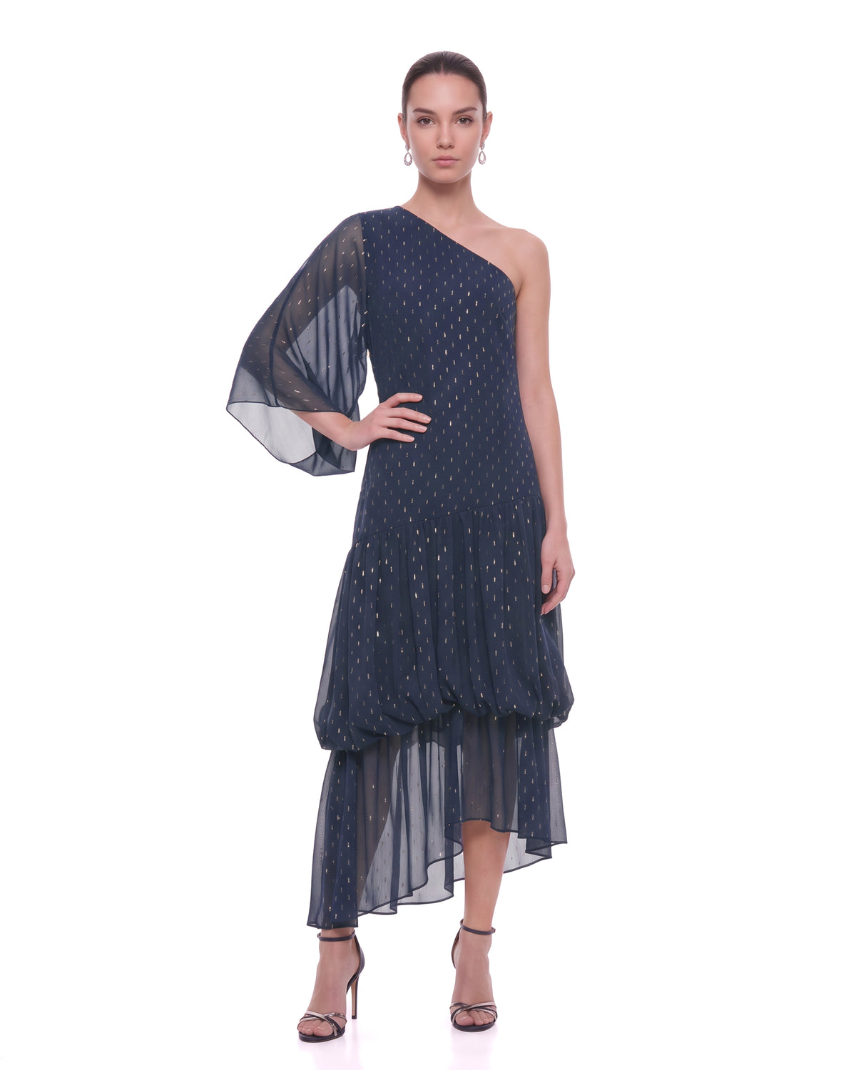Embellished One-Shoulder Balloon-Hem Midi Dress - Navy