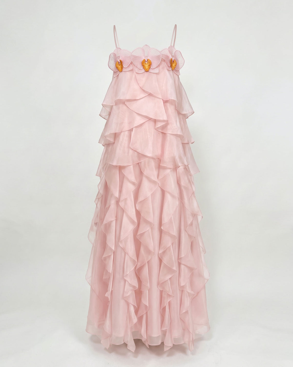 Floral Trim Layered Ruffle Spaghetti Strap Maxi Dress - Blush Pink