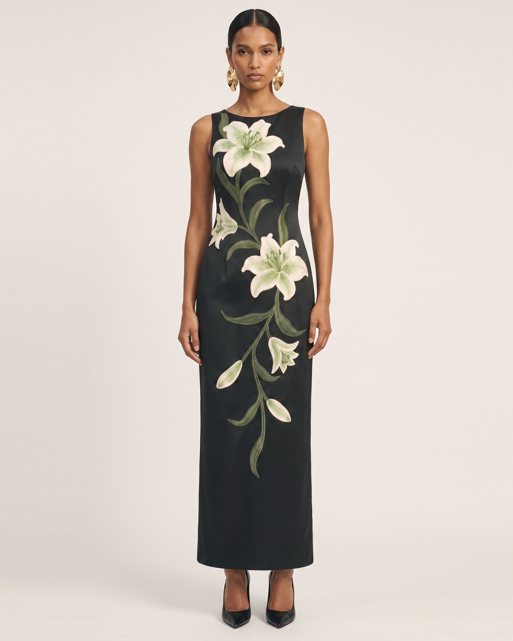 Lily Floral Print Sleeveless Column Maxi Dress - Black