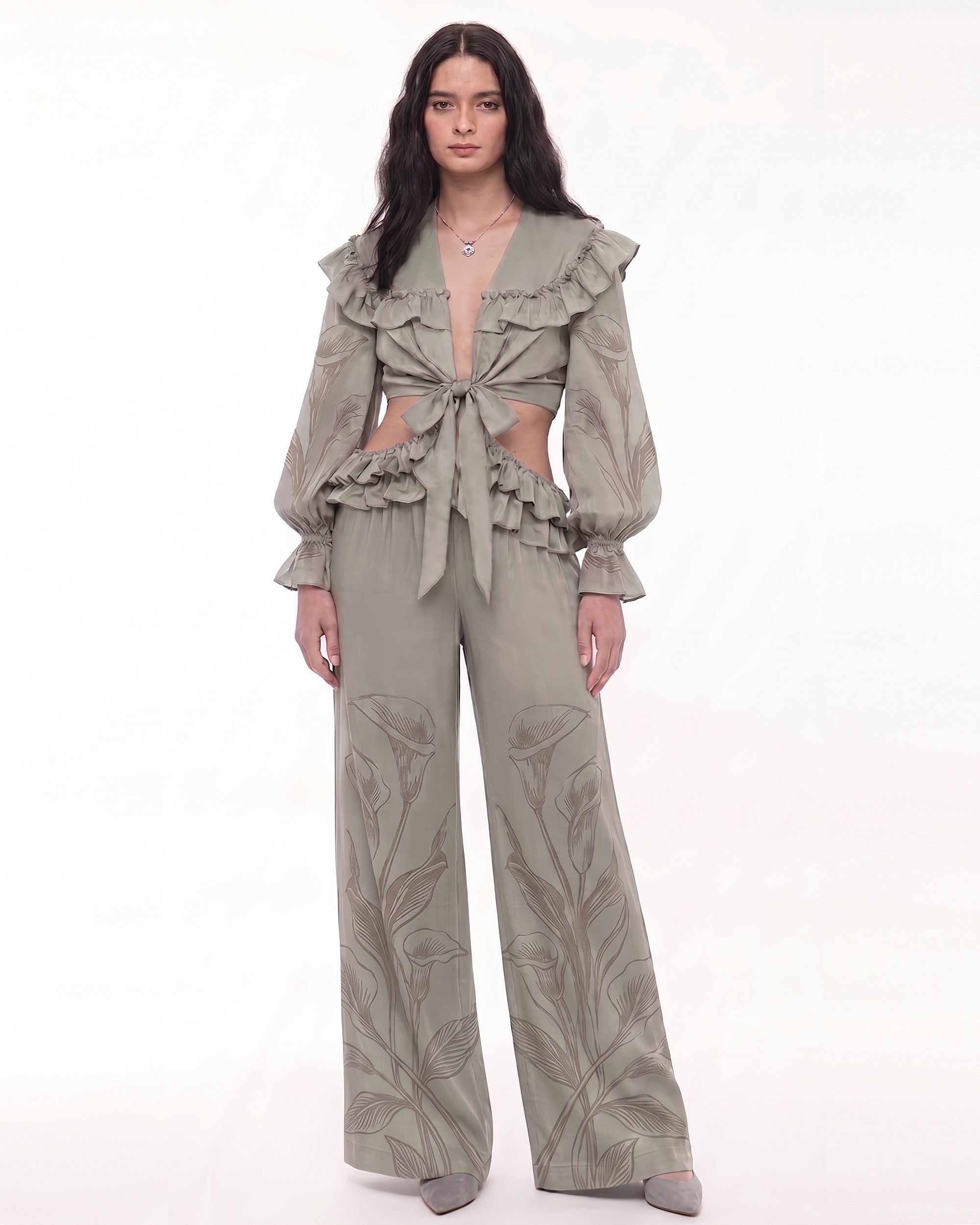 Calla Lily Ruffle Tie-Front Crop Blouse - Sage Green
