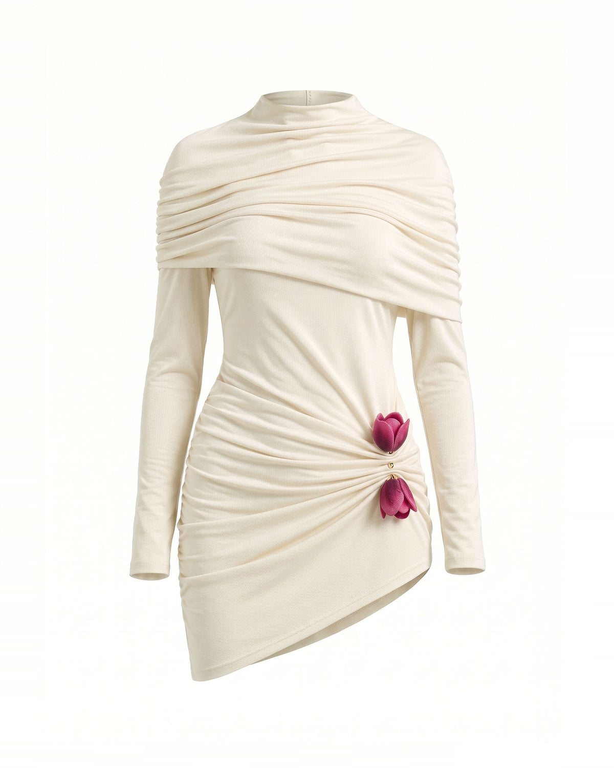 3D Embroidered Tulip Ruched High-Neck Long-Sleeve Mini Dress - White