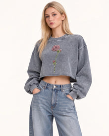 Rhinestone Rose Frayed Hem Cropped Pullover - Vintage Slate