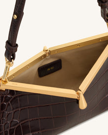 Nerina V-Frame Shoulder Bag - Dark Brown Croc