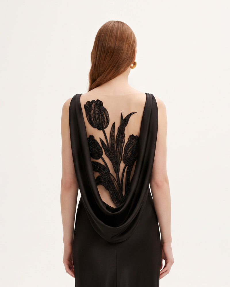 Tulip Appliqué Cowl-Back Satin Column Maxi Dress - Black