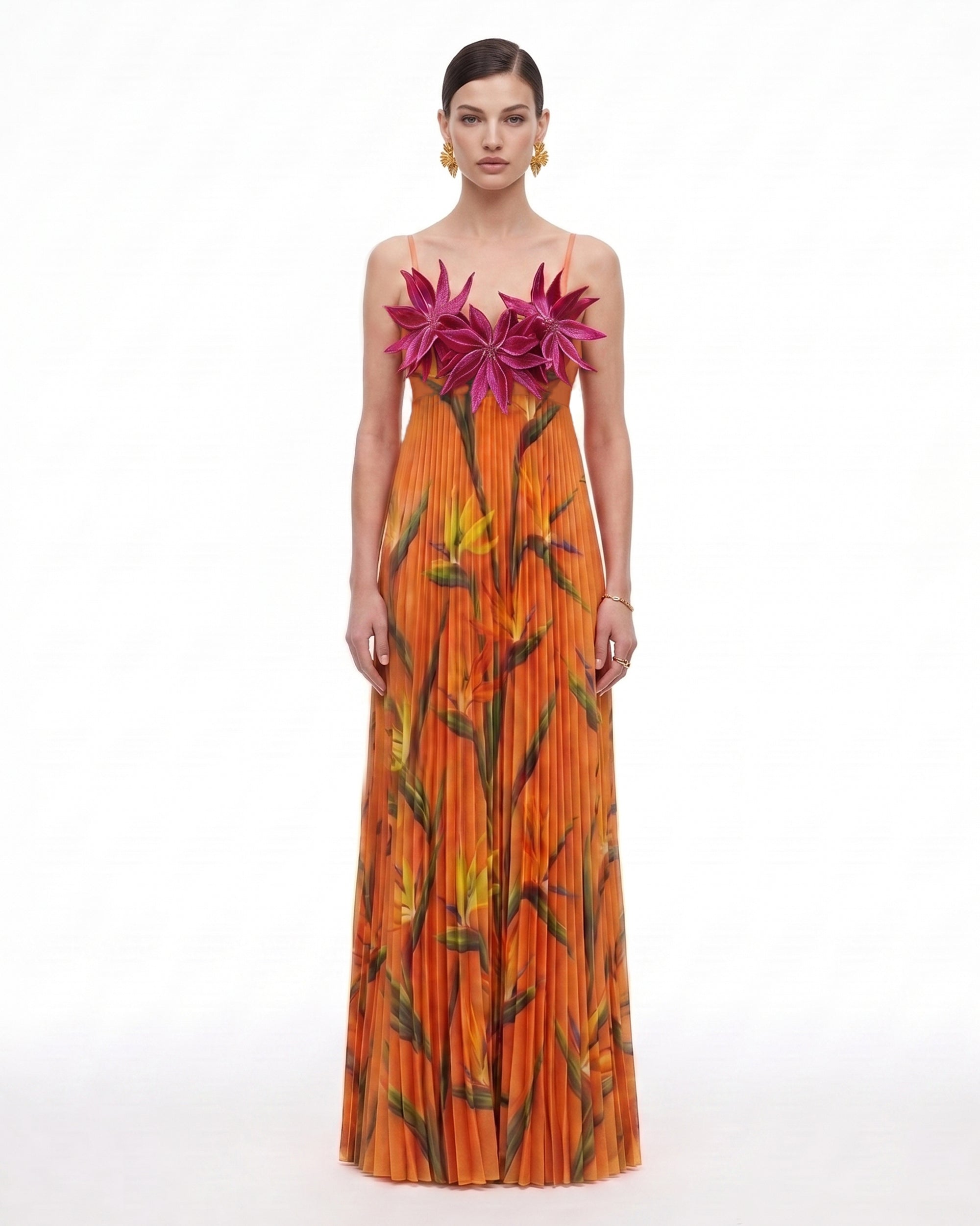 Bird of Paradise 3D Floral Plissé Floor-Length Maxi Dress - Orange