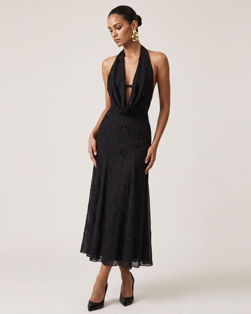 Orchid Beaded Embroidered A-Line Halter Maxi Dress - Black