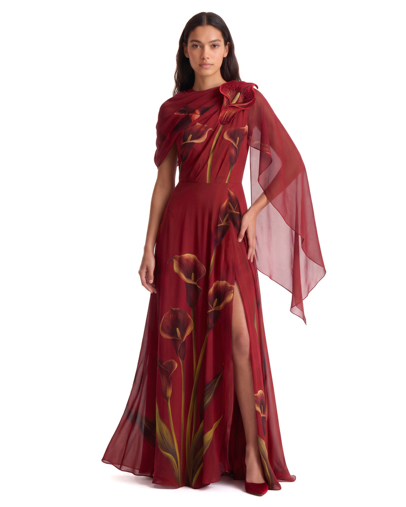 Calla Lily Printed Cape Draped Slit Maxi Dress - Burgundy