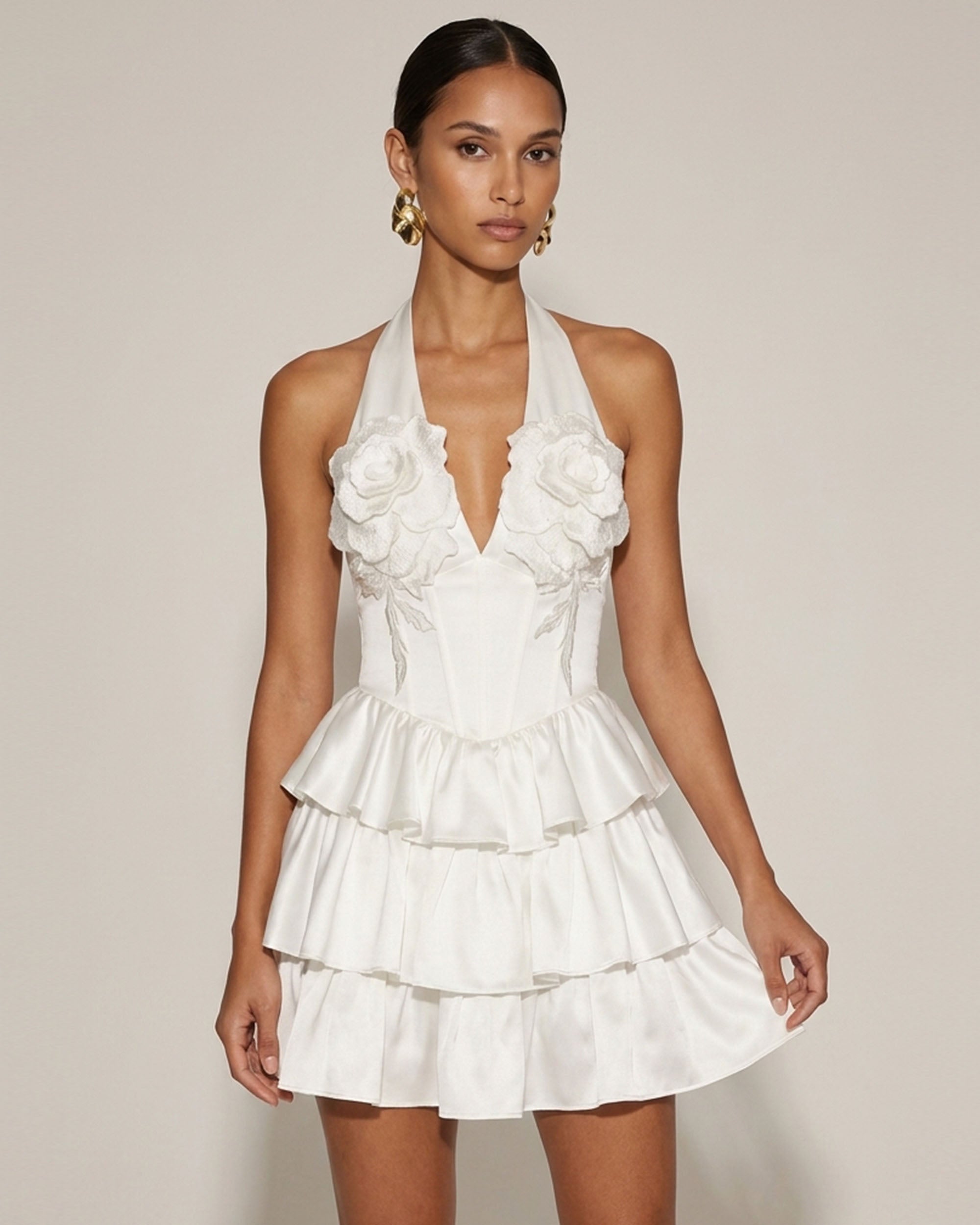 Flower Embroidered Tiered Halter Mini Dress - White