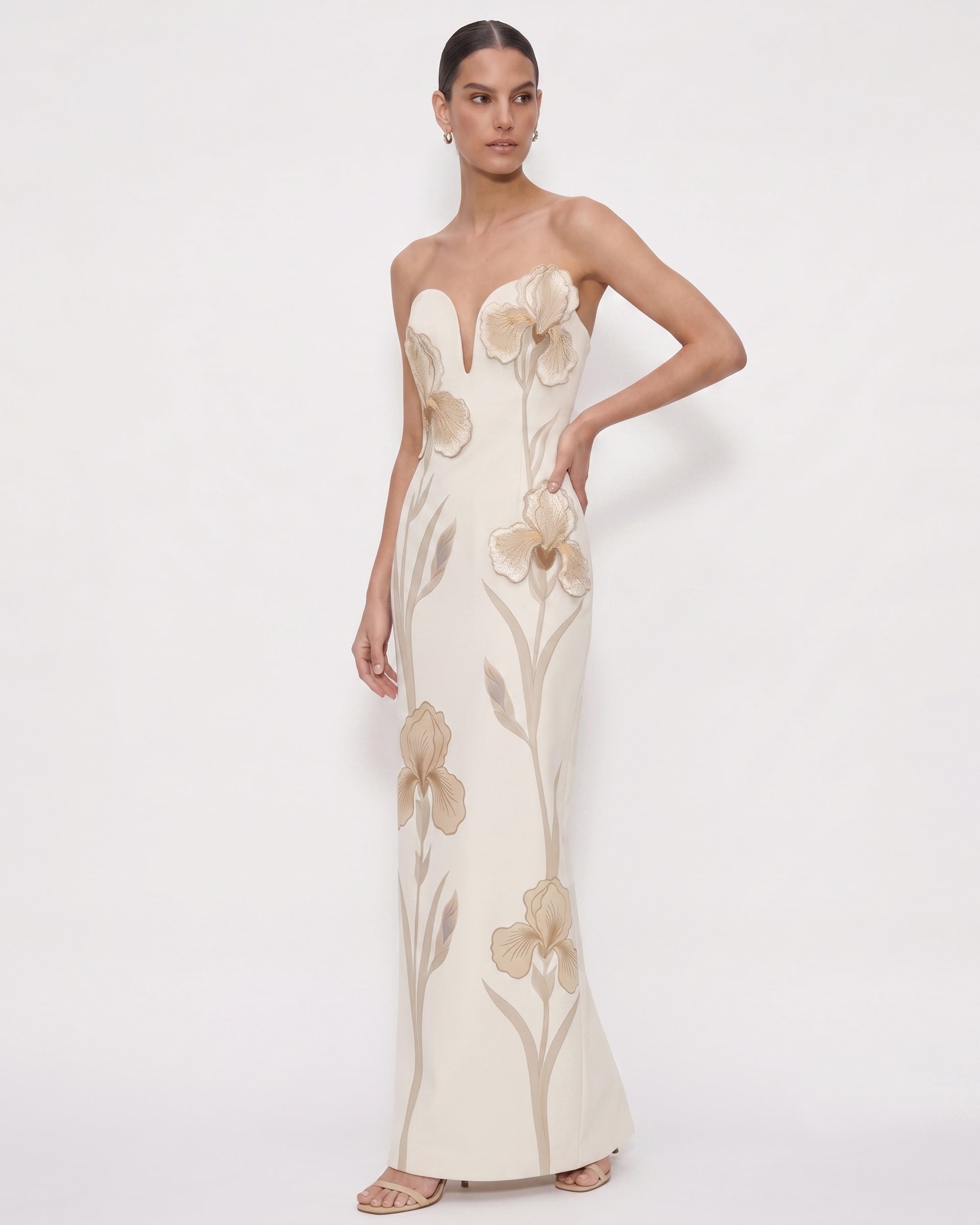 Iris Embroidered Notch Neck Strapless Maxi Dress - Alabaster