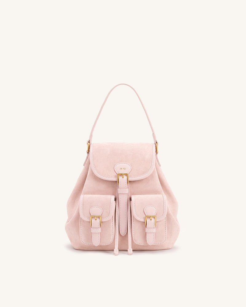 Harper Faux Suede Buckle Pocket Backpack - Light Pink