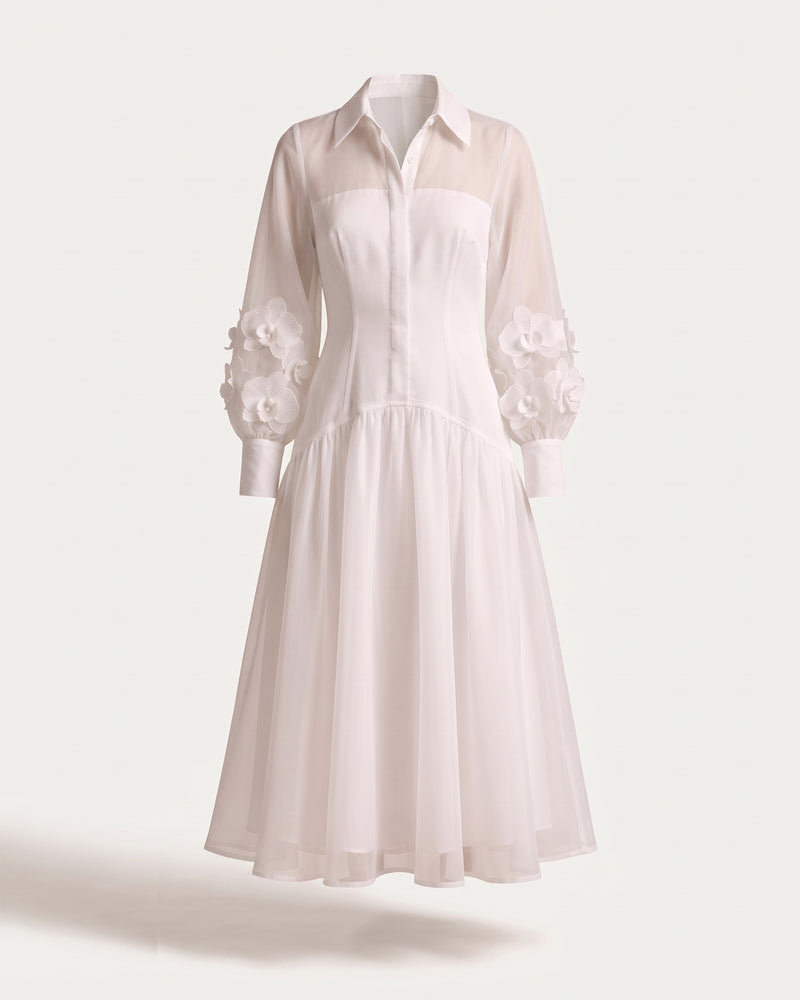 Orchid Embellished Sheer Sleeve Collared Midi Dress - Cream