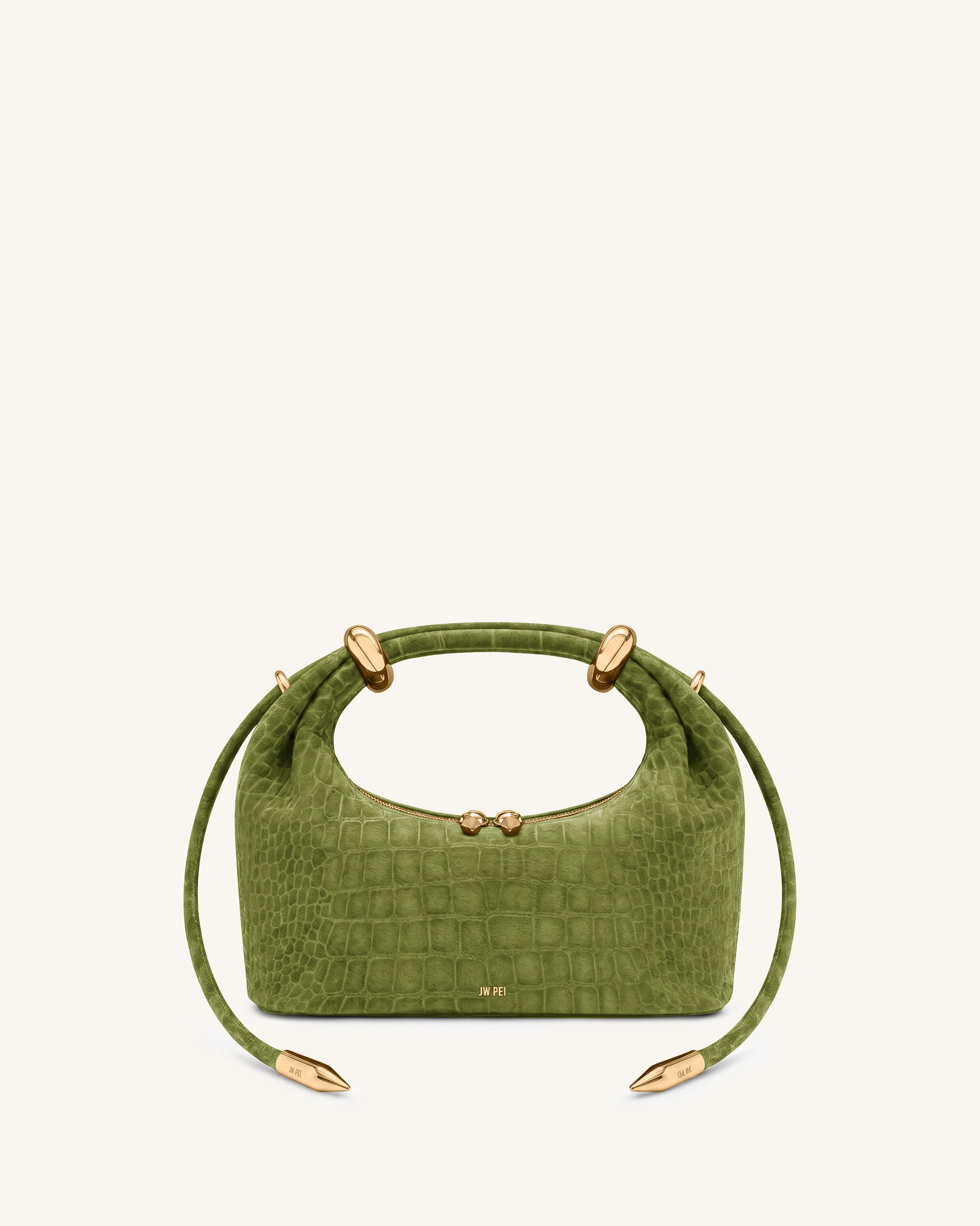 Ellie Faux Suede Metal Ring Embellished Top Handle Bag - Green Croc
