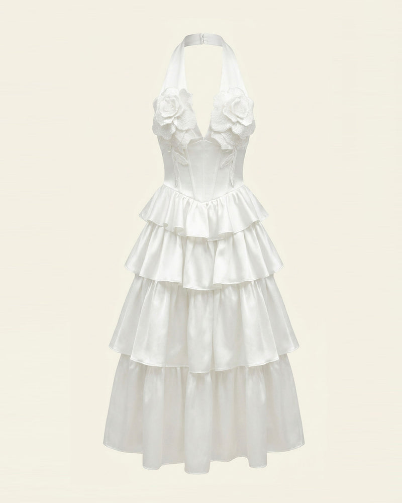 Flower Embroidered Tiered Halter Midi Dress - White