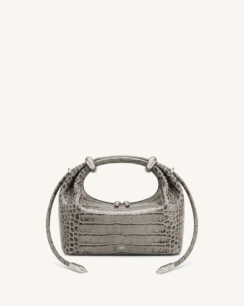 Ellie Metal Ring Embellished Top Handle Bag - Medium Gray Croc