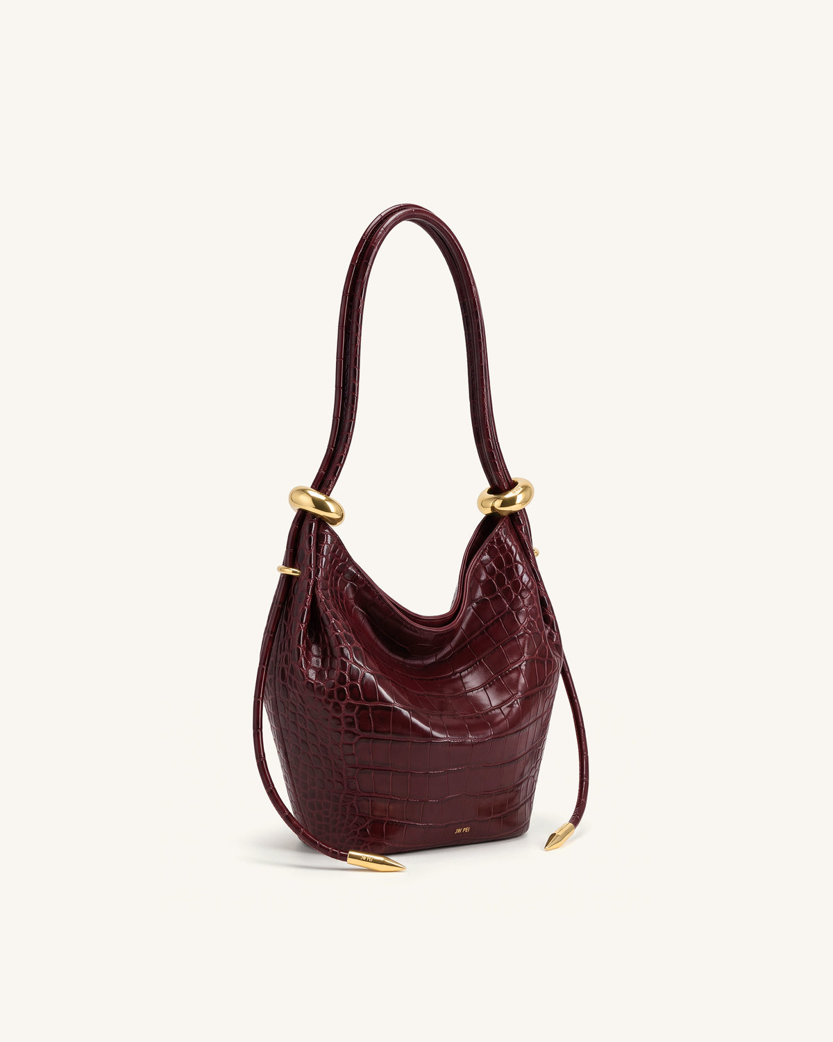 Ellie Metal Ring Embellished Bucket Bag - Burgundy Croc