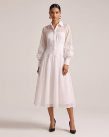 Orchid Embellished Sheer Sleeve Collared Midi Dress - Cream