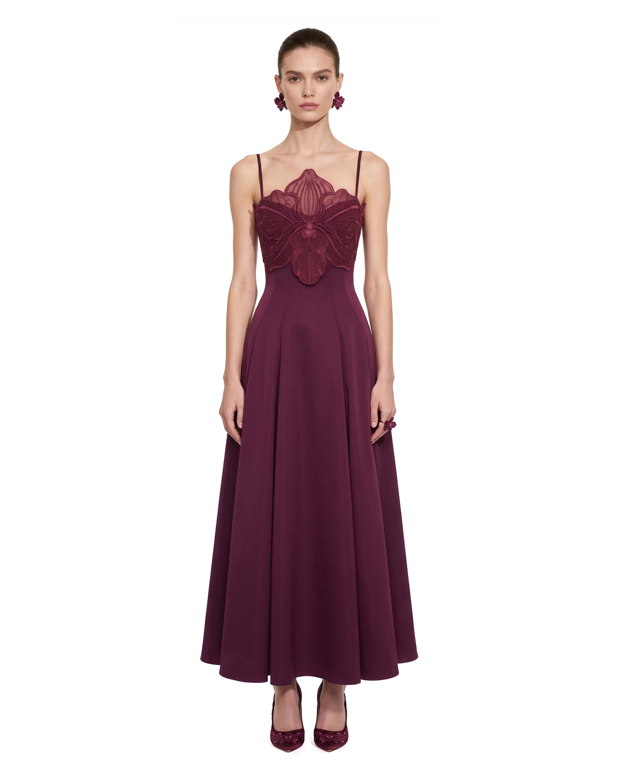 3D Floral Strappy A-Line Maxi Dress - Burgundy