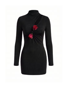 3D Embroidered Tulip High-Neck Cutout Long-Sleeve Dress - Black